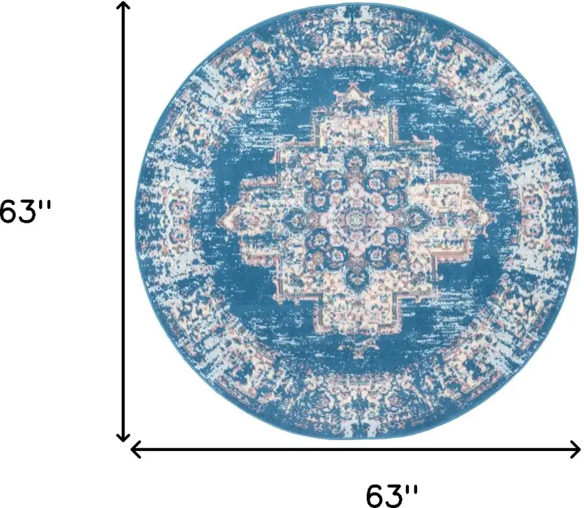 5' Blue And Ivory Medallion Distressed Round Rug Photo 3