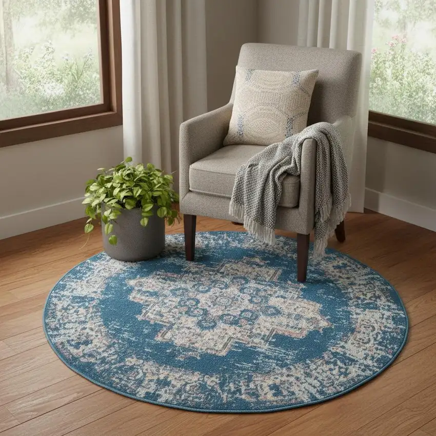 5' Blue And Ivory Medallion Distressed Round Rug Photo 6