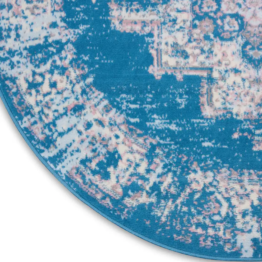 5' Blue And Ivory Medallion Distressed Round Rug Photo 8