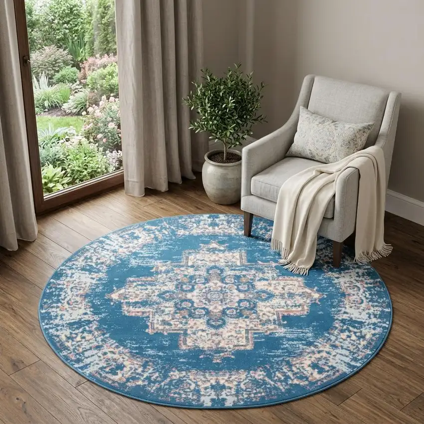 5' Blue And Ivory Medallion Distressed Round Rug Photo 1