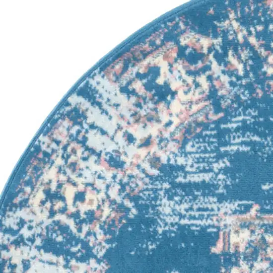 5' Blue And Ivory Medallion Distressed Round Rug Photo 3