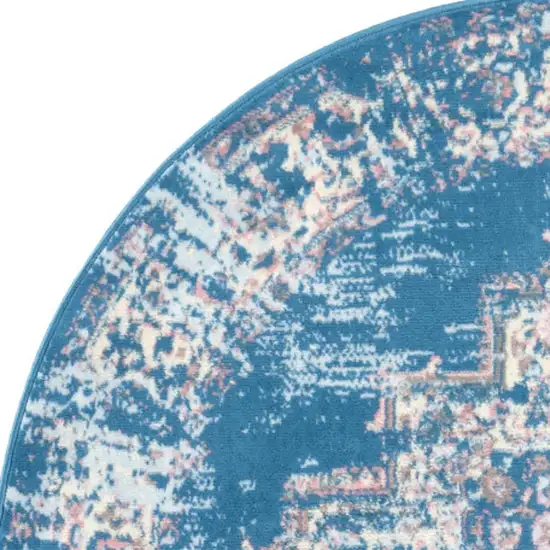5' Blue And Ivory Medallion Distressed Round Rug Photo 3