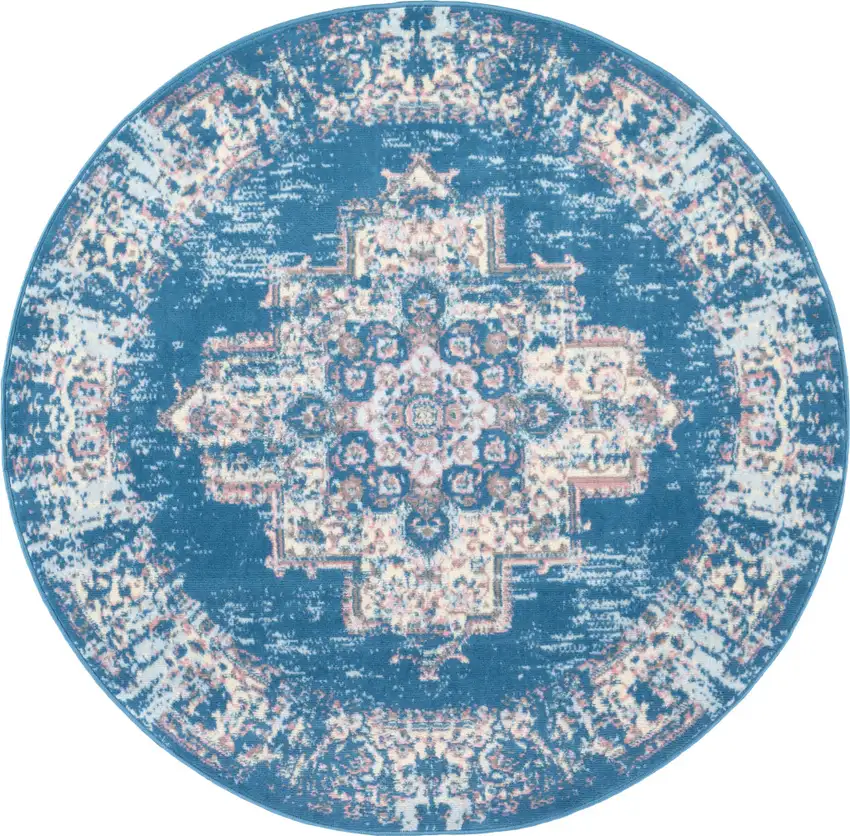 5' Blue And Ivory Medallion Distressed Round Rug Photo 4
