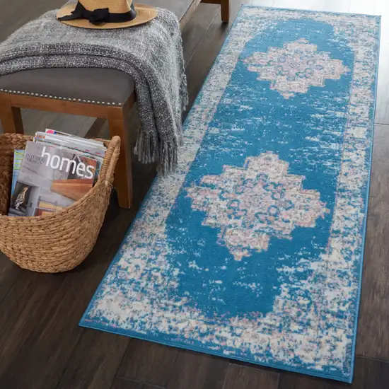 6' Blue And Ivory Medallion Distressed Runner Rug Photo 5