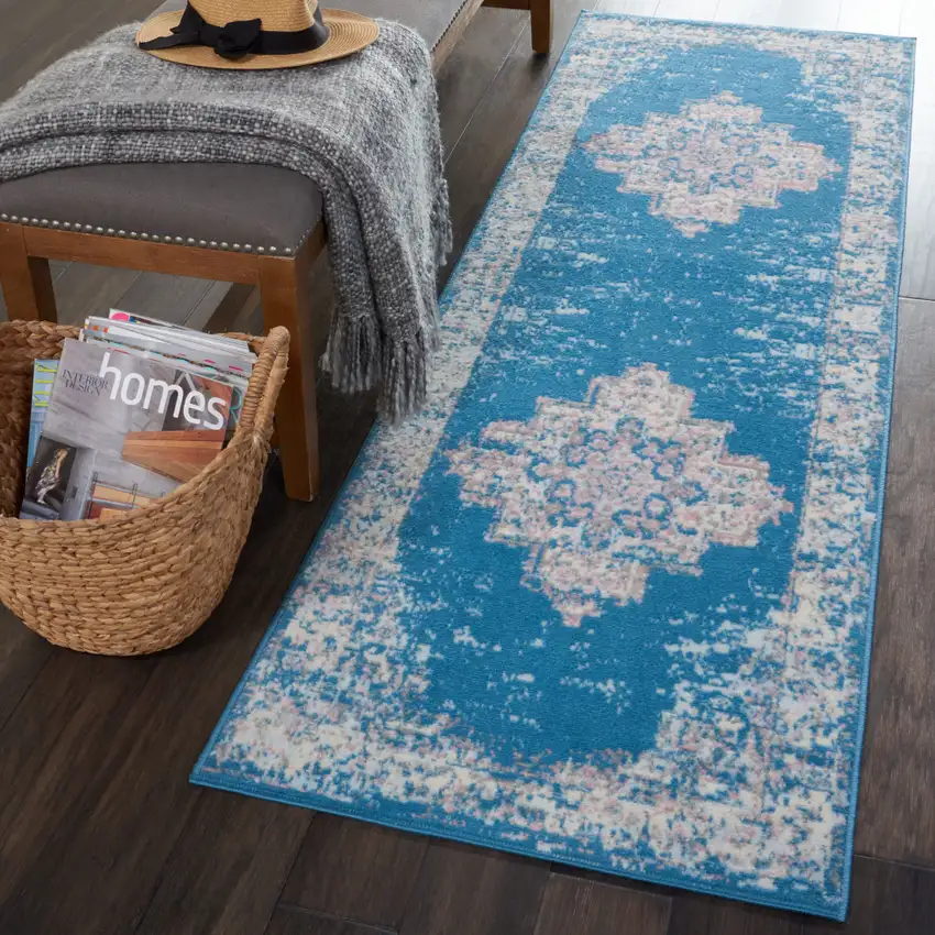 6' Blue And Ivory Medallion Distressed Runner Rug Photo 5