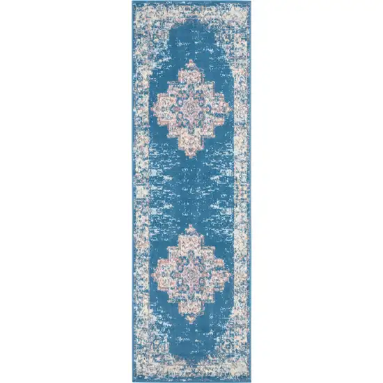 6' Blue And Ivory Medallion Distressed Runner Rug Photo 7