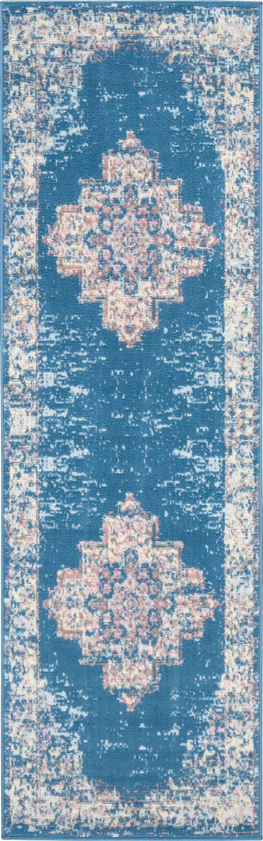6' Blue And Ivory Medallion Distressed Runner Rug Photo 7