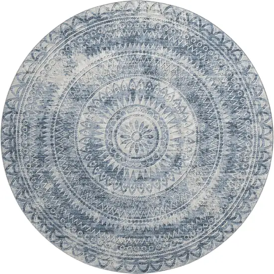 8' Blue And Ivory Medallion Washable Round Rug With UV Protection Photo 2