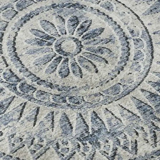 8' Blue And Ivory Medallion Washable Round Rug With UV Protection Photo 9