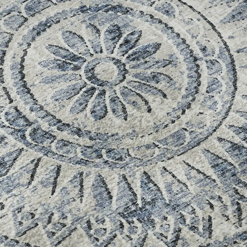 8' Blue And Ivory Medallion Washable Round Rug With UV Protection Photo 9