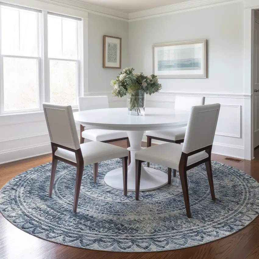 8' Blue And Ivory Medallion Washable Round Rug With UV Protection Photo 5