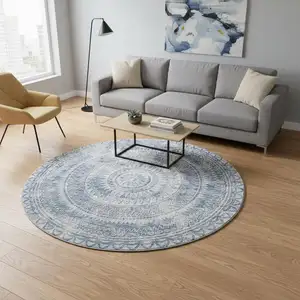Photo of 8' Blue And Ivory Medallion Washable Round Rug With UV Protection