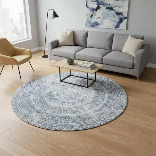 8' Blue And Ivory Medallion Washable Round Rug With UV Protection Photo 1