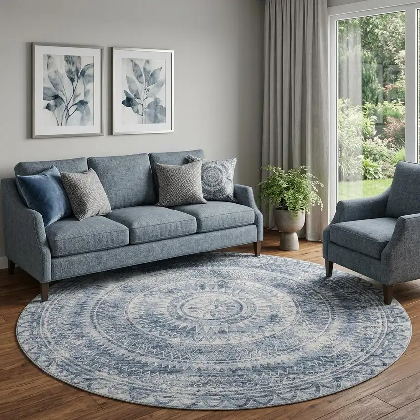 8' Blue And Ivory Medallion Washable Round Rug With UV Protection Photo 1