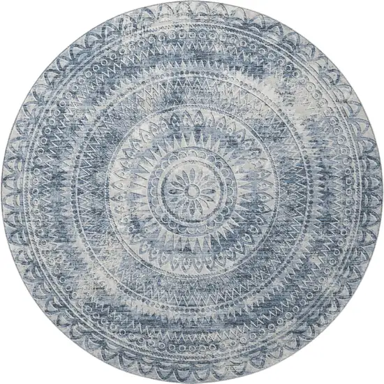 8' Blue And Ivory Medallion Washable Round Rug With UV Protection Photo 4