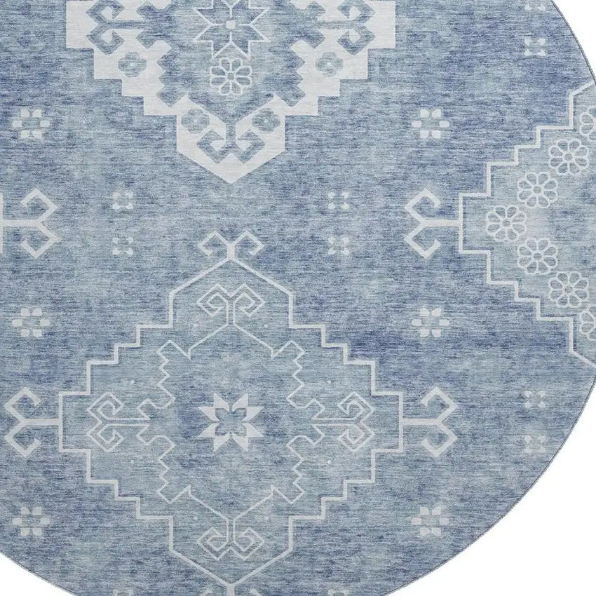 8' Blue And Ivory Medallion Washable Round Rug With UV Protection Photo 3