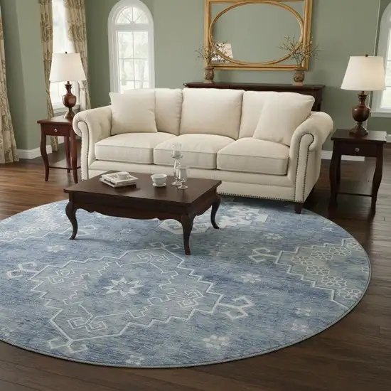 8' Blue And Ivory Medallion Washable Round Rug With UV Protection Photo 2