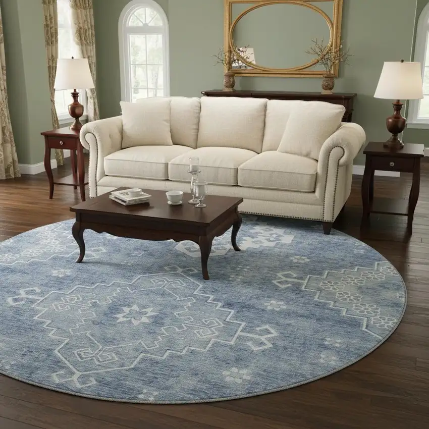 8' Blue And Ivory Medallion Washable Round Rug With UV Protection Photo 2
