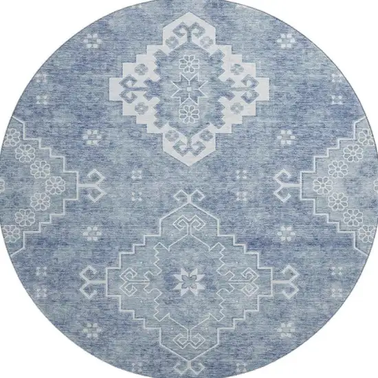 8' Blue And Ivory Medallion Washable Round Rug With UV Protection Photo 4