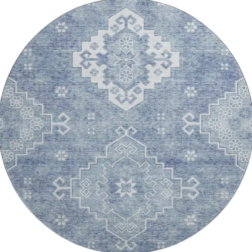 8' Blue And Ivory Medallion Washable Round Rug With UV Protection Photo 4