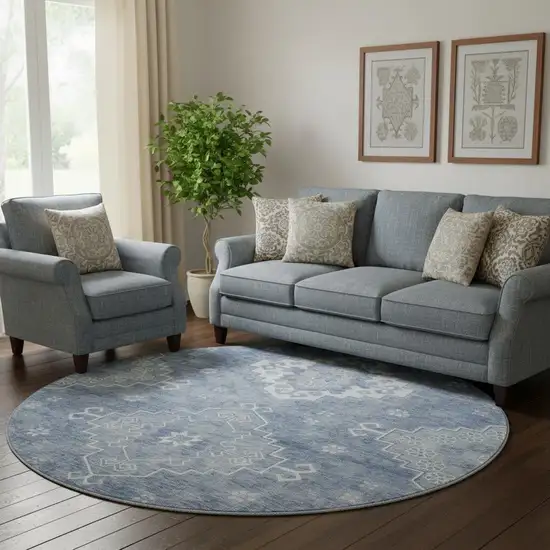 8' Blue And Ivory Medallion Washable Round Rug With UV Protection Photo 1