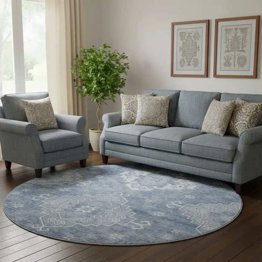 8' Blue And Ivory Medallion Washable Round Rug With UV Protection Photo 1