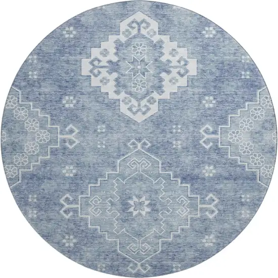 8' Blue And Ivory Medallion Washable Round Rug With UV Protection Photo 1
