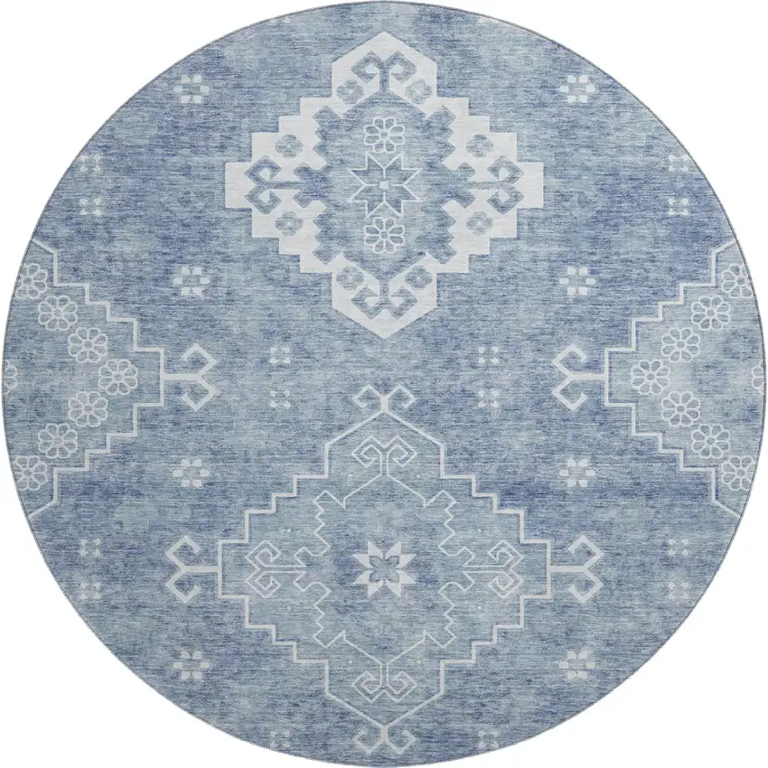8' Blue And Ivory Medallion Washable Round Rug With UV Protection Photo 1