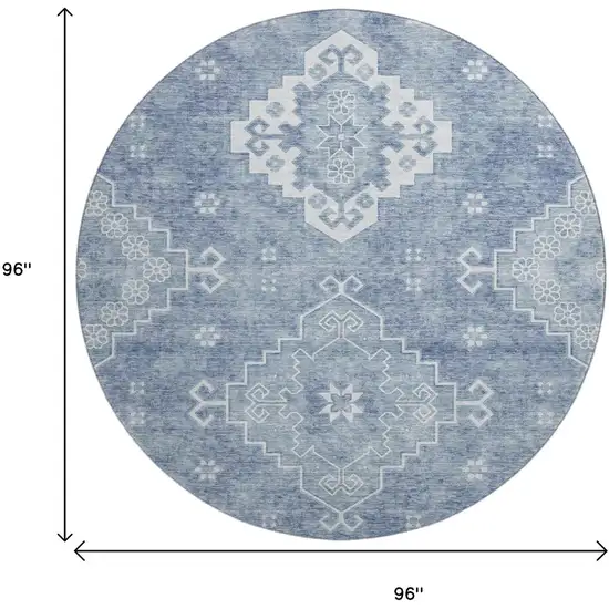 8' Blue And Ivory Medallion Washable Round Rug With UV Protection Photo 3