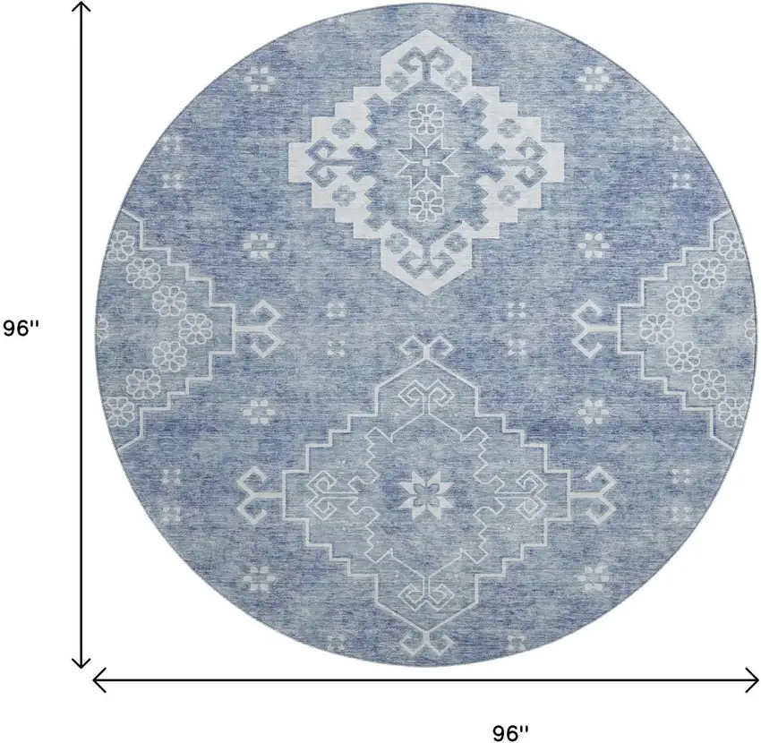 8' Blue And Ivory Medallion Washable Round Rug With UV Protection Photo 3