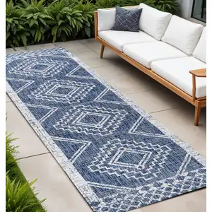 Photo of 10' Blue And Ivory Moroccan Indoor Outdoor Runner Rug