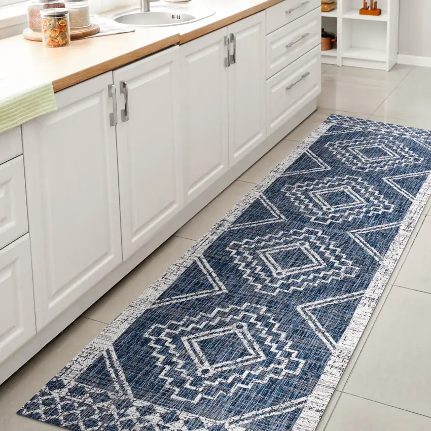 10' Blue And Ivory Moroccan Indoor Outdoor Runner Rug Photo 7