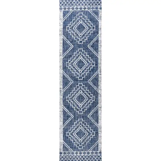 10' Blue And Ivory Moroccan Indoor Outdoor Runner Rug Photo 2