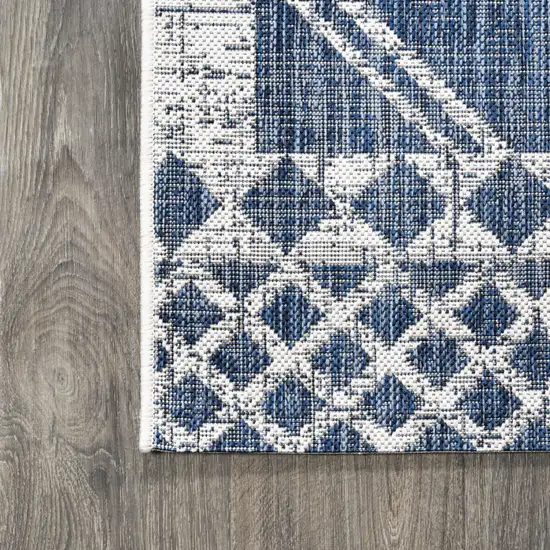 10' Blue And Ivory Moroccan Indoor Outdoor Runner Rug Photo 9