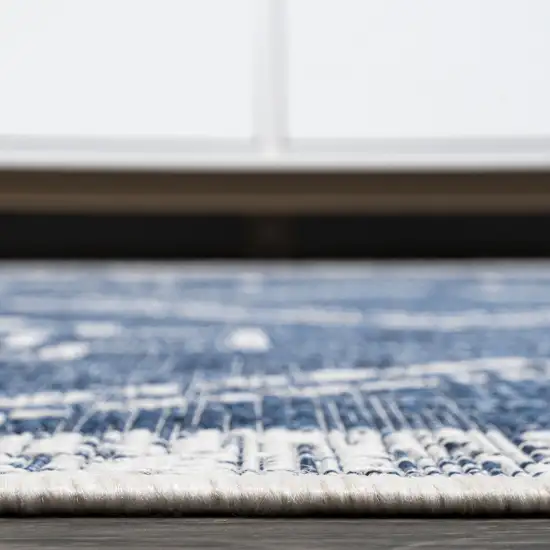 8' Blue And Ivory Moroccan Indoor Outdoor Runner Rug Photo 9