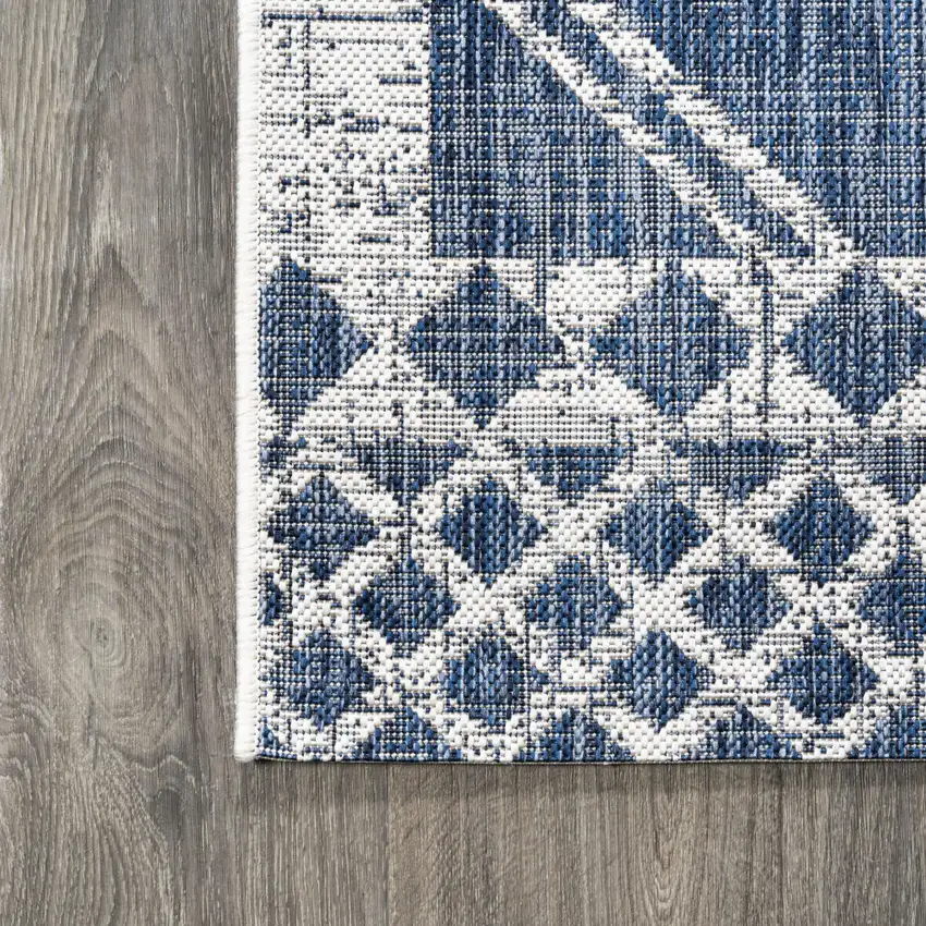 8' Blue And Ivory Moroccan Indoor Outdoor Runner Rug Photo 8