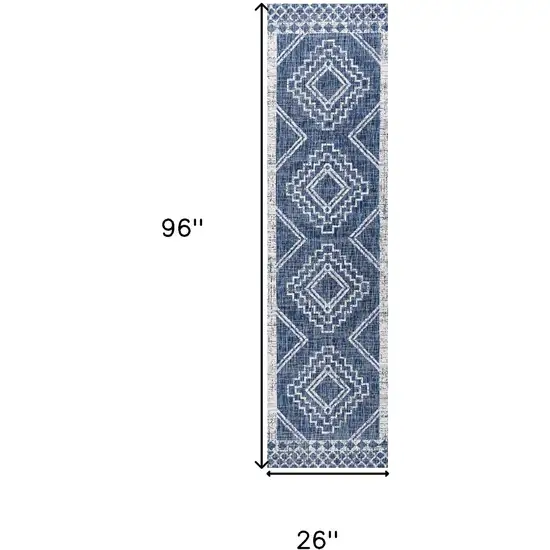 8' Blue And Ivory Moroccan Indoor Outdoor Runner Rug Photo 3