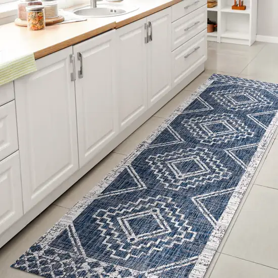 8' Blue And Ivory Moroccan Indoor Outdoor Runner Rug Photo 6