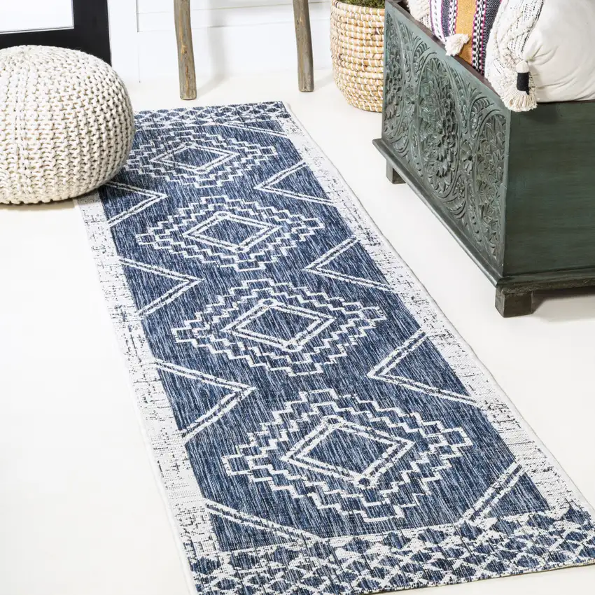 8' Blue And Ivory Moroccan Indoor Outdoor Runner Rug Photo 4