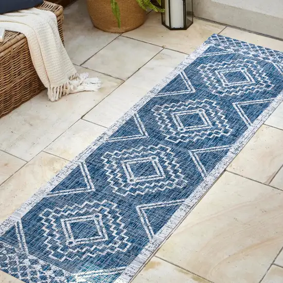 8' Blue And Ivory Moroccan Indoor Outdoor Runner Rug Photo 5