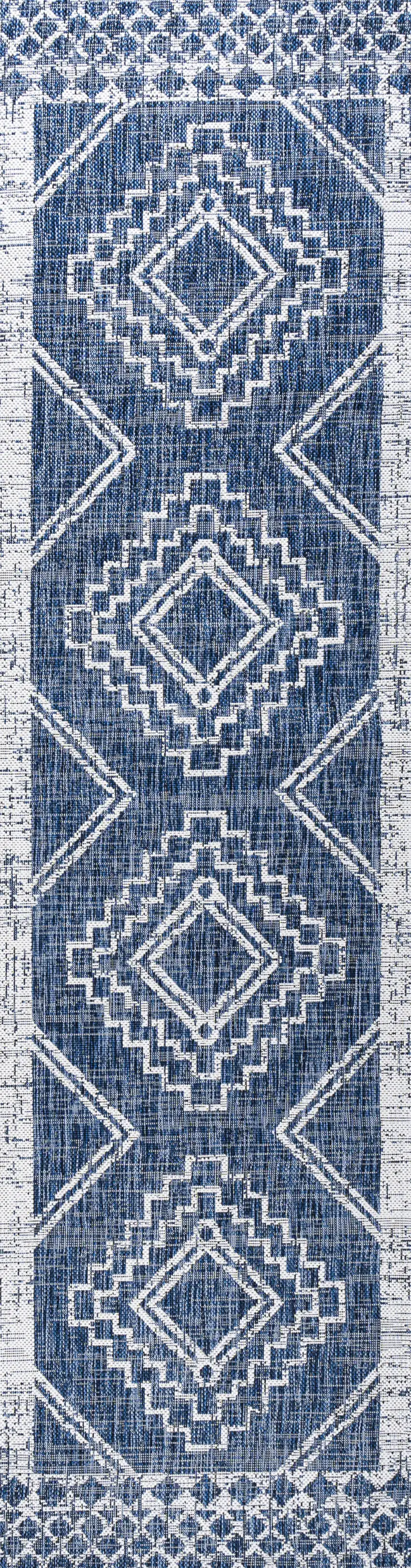 8' Blue And Ivory Moroccan Indoor Outdoor Runner Rug Photo 2