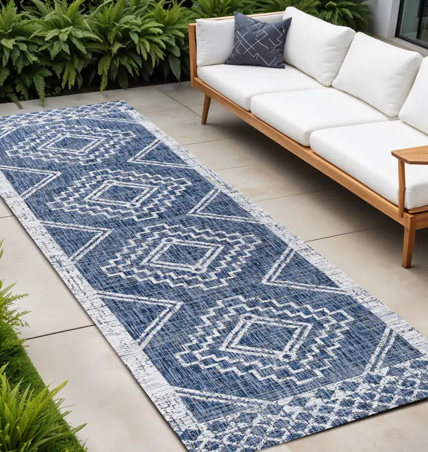 8' Blue And Ivory Moroccan Indoor Outdoor Runner Rug Photo 1