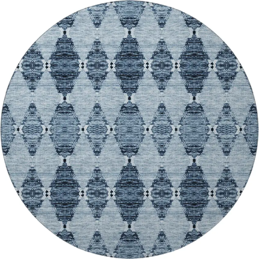 8' Blue And Ivory Moroccan Washable Round Rug With UV Protection Photo 3