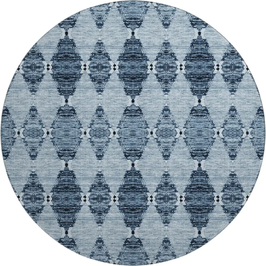 8' Blue And Ivory Moroccan Washable Round Rug With UV Protection Photo 1