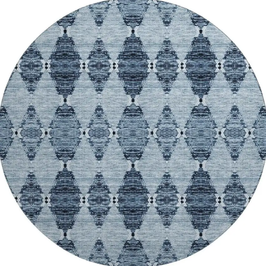 8' Blue And Ivory Moroccan Washable Round Rug With UV Protection Photo 2