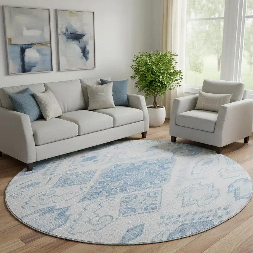8' Blue And Ivory Moroccan Washable Round Rug With UV Protection Photo 1