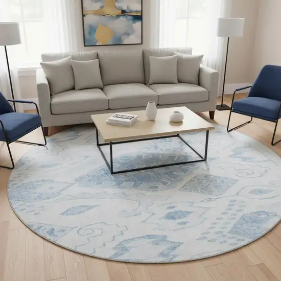 8' Blue And Ivory Moroccan Washable Round Rug With UV Protection Photo 2
