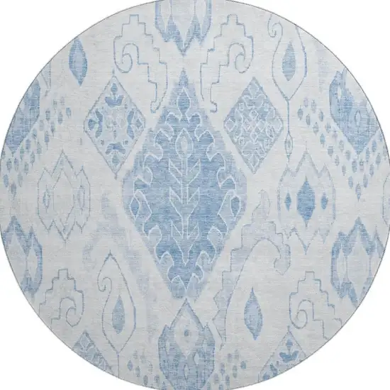 8' Blue And Ivory Moroccan Washable Round Rug With UV Protection Photo 4