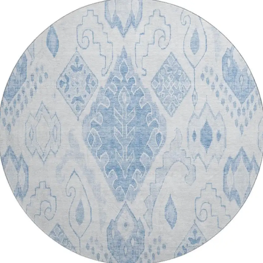 8' Blue And Ivory Moroccan Washable Round Rug With UV Protection Photo 4