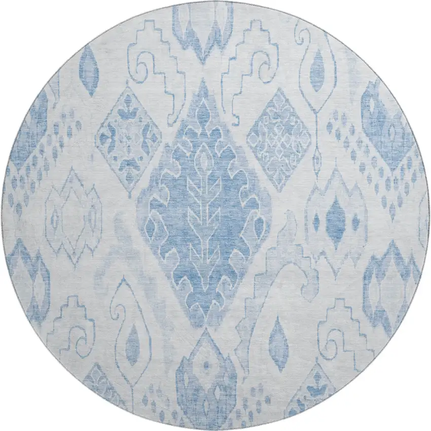 8' Blue And Ivory Moroccan Washable Round Rug With UV Protection Photo 1